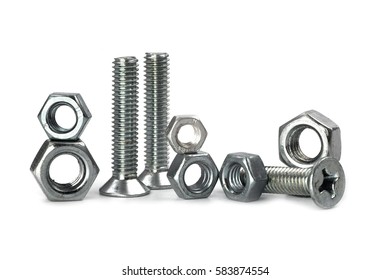 Pile Of Nuts And Bolts Isolated On A White Background