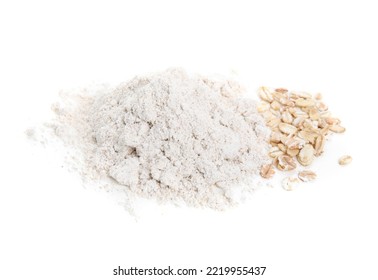 Pile Of Oatmeal Flour And Flakes Isolated On White