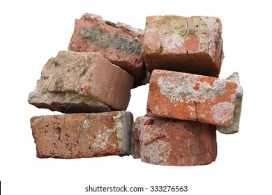 A Pile Of Old Bricks. Isolated On White.                                