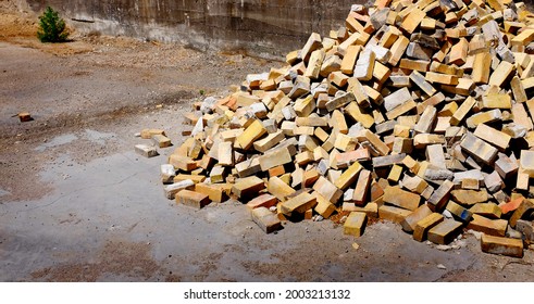 Pile Of Old Bricks On Ground In Urban Setting Construction Building Tear Down