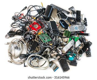 Pile Of Old Computer Cables And Devices Isolated On White Background