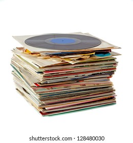 Pile Of Old Dusty Vinyl Records Isolated On White