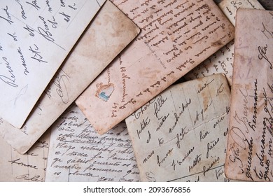 Pile Of Old Handwritten Letters Scattered On The Table