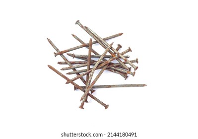 Pile of old rusty nails isolated on white background