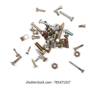 Pile of old rusty screw heads, bolts, metal nuts, isolated on white background, top view