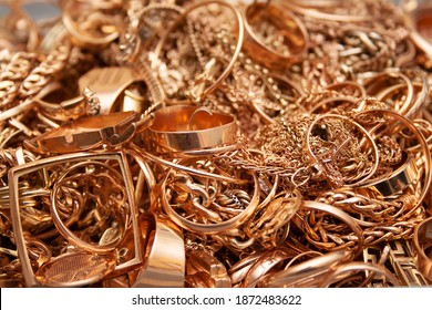 Pile Of Old Scrap Used Gold Jewelry.