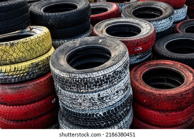 Pile Of Old Used Car And Bike Tyres Representing Hazardous Waste And Material For Recycling Rubber 