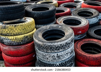 Pile Of Old Used Car And Bike Tyres Representing Hazardous Waste And Material For Recycling Rubber 