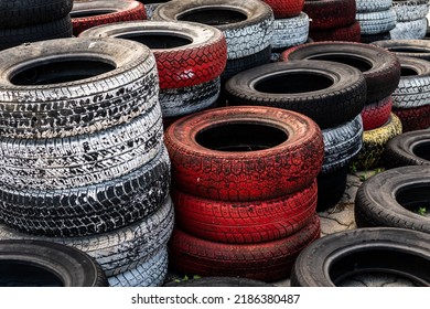 Pile Of Old Used Car And Bike Tyres Representing Hazardous Waste And Material For Recycling Rubber 