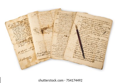 Pile of old vintage manuscripts with nib  isolated on white