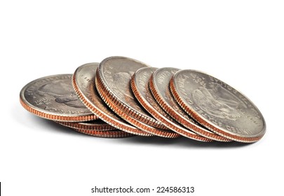 Pile Of One Quarter Coins Isolated On White