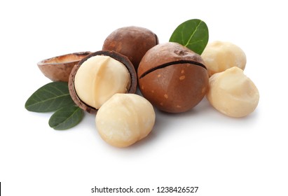 Pile of organic Macadamia nuts on white background