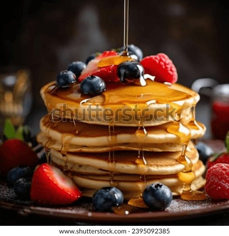 Foto Bild Süße Pfannkuchen mit Johannisbeeren, Blaubeeren und leckerem Ahornsirup in gusseiserner schwarzer Pfanne