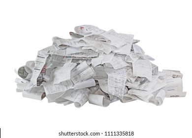 Pile of paper cash register receipts isolated on white background