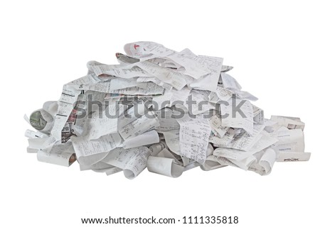 Pile of paper cash register receipts isolated on white background