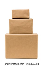 Pile Parcel Wrapped With Brown Kraft Paper.front View