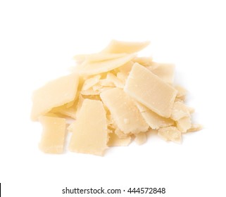 Pile Of Parmesan Cheese Flakes Isolated Over The White Background