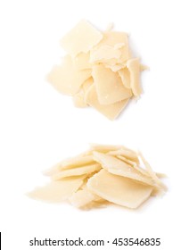 Pile Of Parmesan Cheese Flakes Isolated Over The White Background, Set Of Two Different Foreshortenings