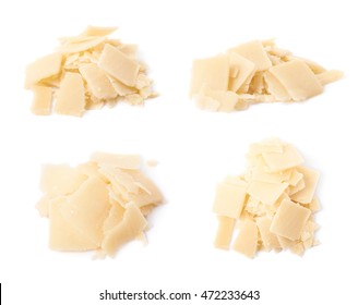 Pile Of Parmesan Cheese Flakes Isolated Over The White Background, Set Of Four Different Foreshortenings