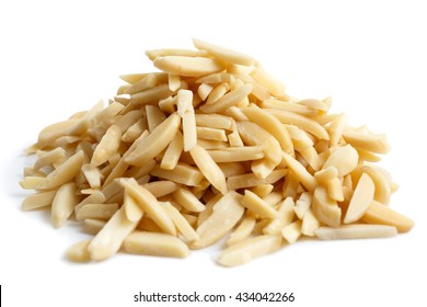 Pile of peeled slivered almonds isolated on white. - Shutterstock ID 434042266