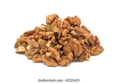 Pile of peeled walnuts, isolated on a white background