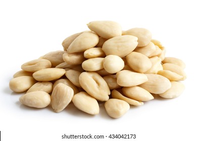Pile of peeled whole almonds isolated on white. - Shutterstock ID 434042173