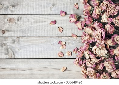 Pile of pink dried roses on gray rustic wooden background as border. Top view point.