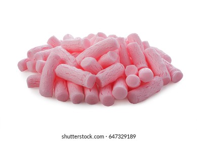 Pile Of Pink Packing Foam Peanuts Isolated On White Background