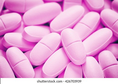 Pile Of Pink Pills. Close Up.