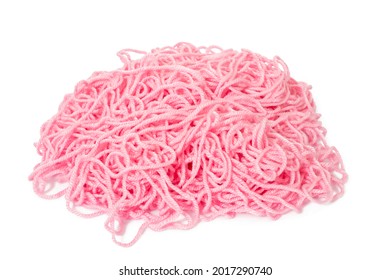 Pile Of A Pink Tangled Knitting Yarn Of Wool.