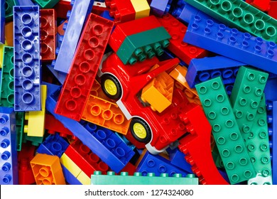 Pile Of Plastic Lego Toy Bricks On Display At The Shop In London