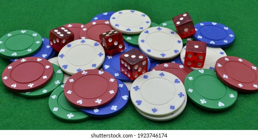 Pile Of Poker Chips And Craps Dice