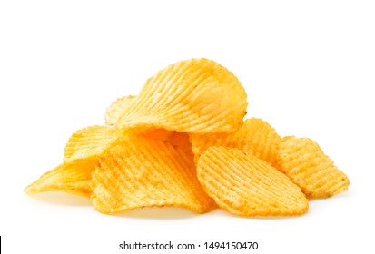Pile of potato chips fluted close-up on a white background. Isolated.