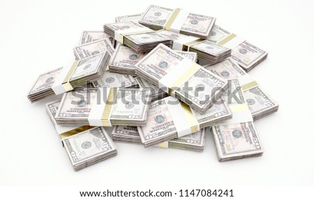 A pile of randomly scattered bundles of  banknotes on an isolated background - 3D render