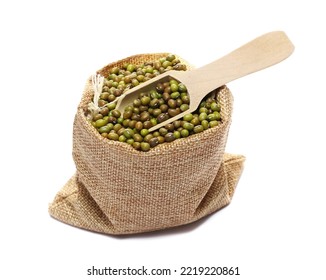 Pile Raw Green Beans Mungo (Vigna Radiata) In Jute Linen Bag With Wooden Spoon Isolated On White 