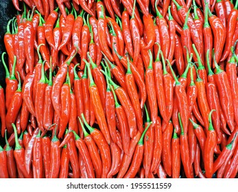 A Pile Of Red Chillies In Asian Wet Market. 