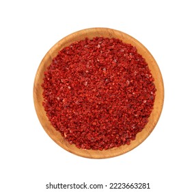 A Pile Of Red Pepper Flake Or Heap Of Red Pepper Powder Coarse. Korean Chili Ground Gochugaru In Wood Bowl Isolated On White Background. Top View, Flat Lay, Overhead                           