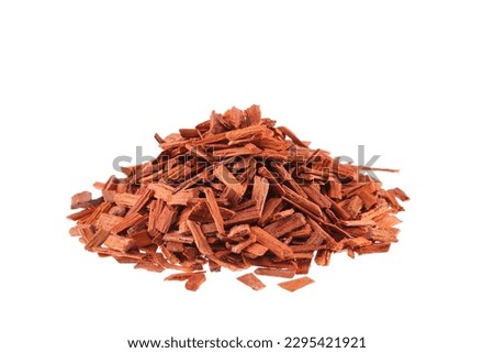 Pile of red Sandalwood chips (Pterocarpus santalinus), isolated on white background