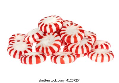 Pile Of Red Striped Candy Mints Isolated On White