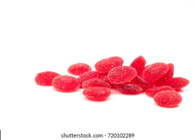 Pile Of Red Vitamin Pastille With Clipping Path. Multivitamin Gummy For Kids To Be Healthy Concept