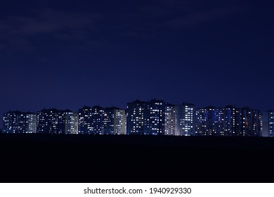 A Pile Of Residential Buildings, A Residential Neighborhood. Night Photo.