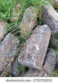 A pile of rough, weathered rectangular stone blocks scattered on the ground amidst green grass and weeds