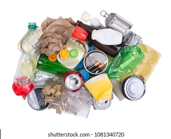 Pile of rubbish prepared for recycling isolated on white background, top view