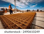 Pile of rusty quadratic steel reinforcement mesh, rebar, grid for concrete is placed at the construction site.