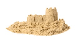 Pile Of Sand With Beautiful Castle Isolated On White. Outdoor Play