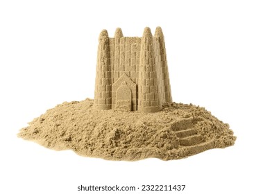 Pile of sand with beautiful castle isolated on white. Outdoor play - Powered by Shutterstock