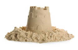 Pile Of Sand With Castle On White Background. Outdoor Play