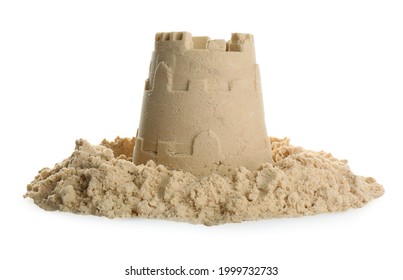 Pile of sand with castle on white background. Outdoor play - Shutterstock ID 1999732733