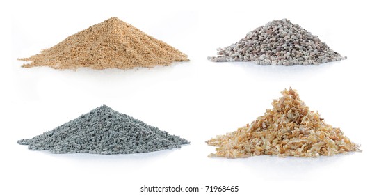 pile of sand, green carbon, pine wood and rock isolated over white background