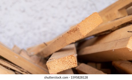 Pile Of Scrap Wood From Mattresses And Palettes For Recycled (up-cycled) DIY Furniture Making Or Wood Carpentry Projects. Wood Cuts For Practice Or Rustic Craft Ideas. Environmental Resource Saving.